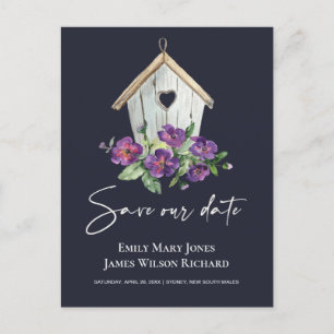 CARTE POSTALE FAIRE-PART NAVY BOHO RUSTIC FLORAL BIRDHOUSE SAUVER LA DATE