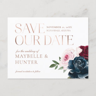 Carte Postale Faire-part Navy Burgundy Watercolor Photo Sauvez notre date