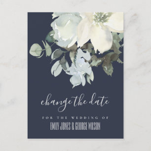 CARTE POSTALE FAIRE-PART NAVY IVOIRE BLANC FLEURS MARIAGE CHANGER LA DATE