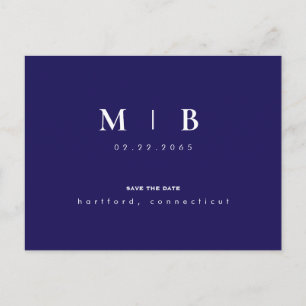 Carte Postale Faire-part Navy Simple Monogramme Mariage Enregistrer la Date