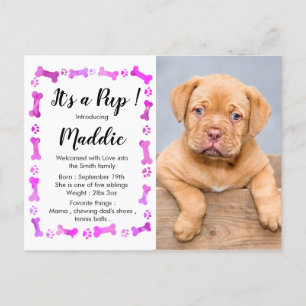 Carte Postale Faire-part New Puppy - Rose Girl New Pet - Chien Birthday Pup