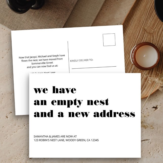 Carte Postale Faire-part Nid vide Nouvelle adresse Typographie moderne (New Address postcard with minimalist typography design)