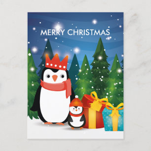 Carte Postale Faire-part Noël Festif d'hiver Famille Pingouin fête