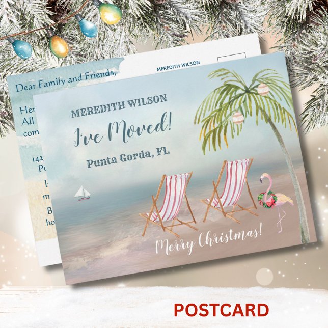 Carte Postale Faire-part Noël J'ai déménagé aquarelle Plage Déménagement (Créateur téléchargé)