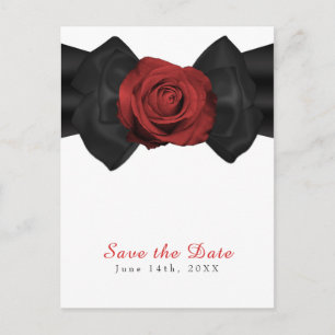 Carte Postale Faire-part Nœud ruban noir et rose rouge Élégant Save the Dat