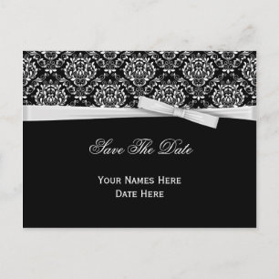 Carte Postale Faire-part Noir Blanc Damask Argent Bow Ribbon Enregistrer La