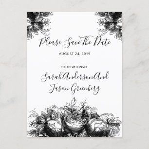 Carte Postale Faire-part Noir Blanc Encre Floral Mariage Enregistrer La Dat