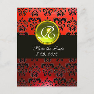 Carte Postale Faire-part NOIR BLANC ET ROUGE DAMASK JAUNE TOPAZ Monogramme