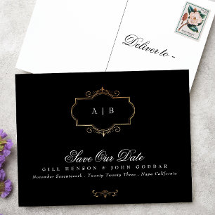 Carte Postale Faire-part noir blanc or crête monogramme Foil Enregistrer la