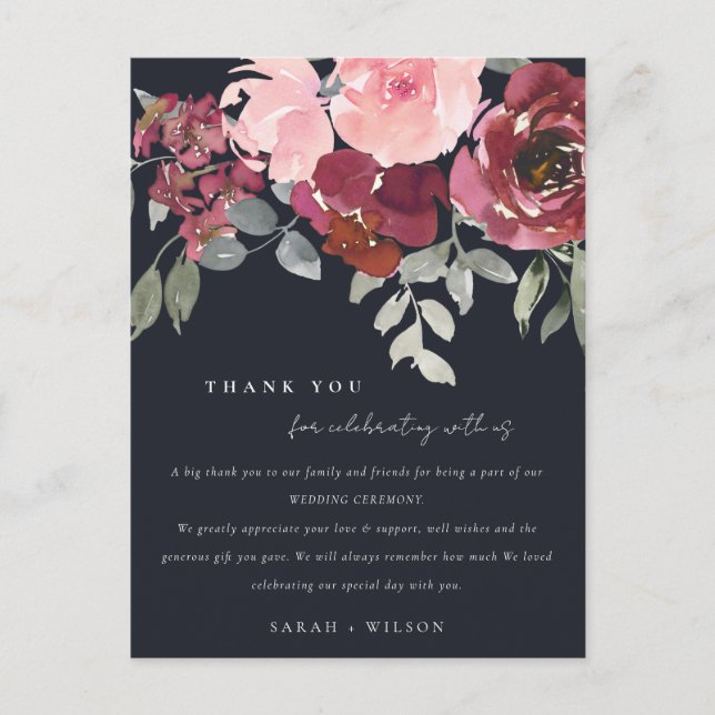 CARTE POSTALE FAIRE-PART NOIR BLEU BURGUNDY ROSE FLORAL MARIAGE MERCI (Devant)