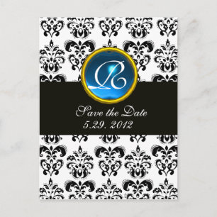 CARTE POSTALE FAIRE-PART NOIR ET BLANC DAMASK BLEU SAPPHIRE MONOGRAM