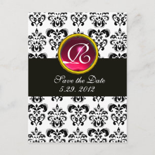 Carte Postale Faire-part NOIR ET BLANC DOMMASQUE Rouge rose Rubis Monogramm