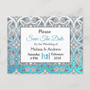 Carte Postale Faire-part Noir et Bleu Mariage Mandala Enregistrer la date