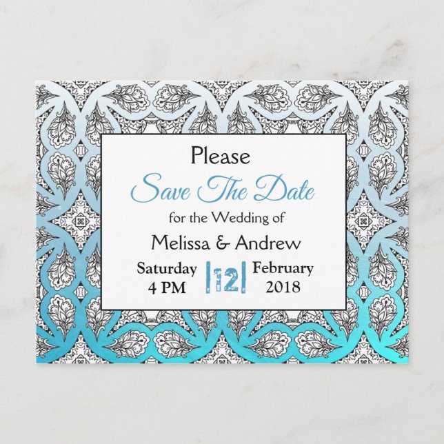 Carte Postale Faire-part Noir et Bleu Mariage Mandala Enregistrer la date (Devant)