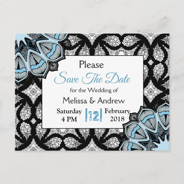 Carte Postale Faire-part Noir et Bleu Mariage Mandala Enregistrer la date (Devant)