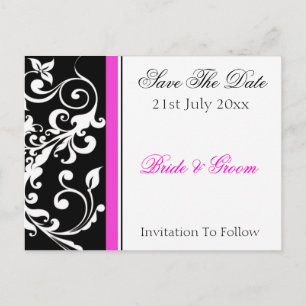 Carte Postale Faire-part Noir et rose chaud mariage Swirl Enregistrer la da