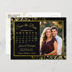 Carte Postale Faire-part Noir & Or Mariage Enregistrer la date Calendrier P