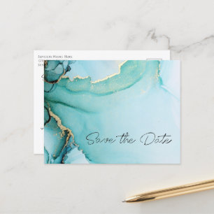 Carte Postale Faire-part Noir or Turquoise Mariage Économisez la Date