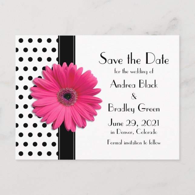 Carte Postale Faire-part Noir Pois Rose Daisy Mariage Enregistrer la date (Devant)