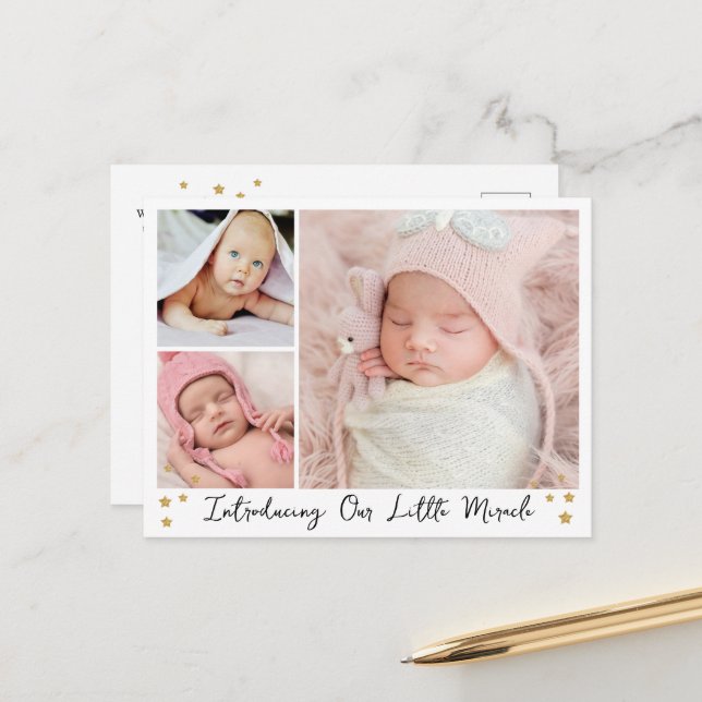 Carte Postale Faire-part Notre petit miracle étoile d'or 3 Photos Bébé (Devant/Arrière en situation)