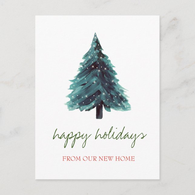 Carte Postale Faire-part Nous Avons Déménagé, Aquarelle Noël Arbre Vacances (Devant)