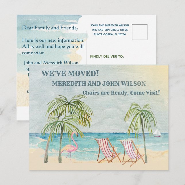 Carte Postale Faire-part Nous avons déménagé Budget Aquarelle Ocean Beach M (Devant / Derrière)
