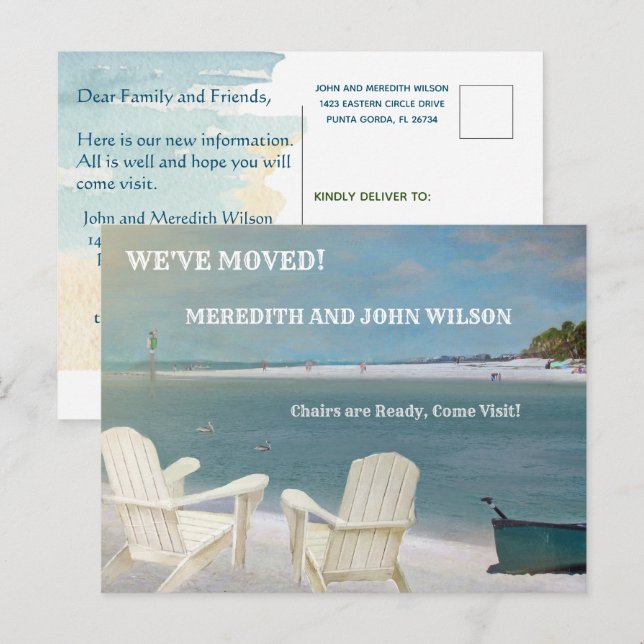 Carte Postale Faire-part Nous avons déménagé Chaises de plage océan budget  (Devant / Derrière)