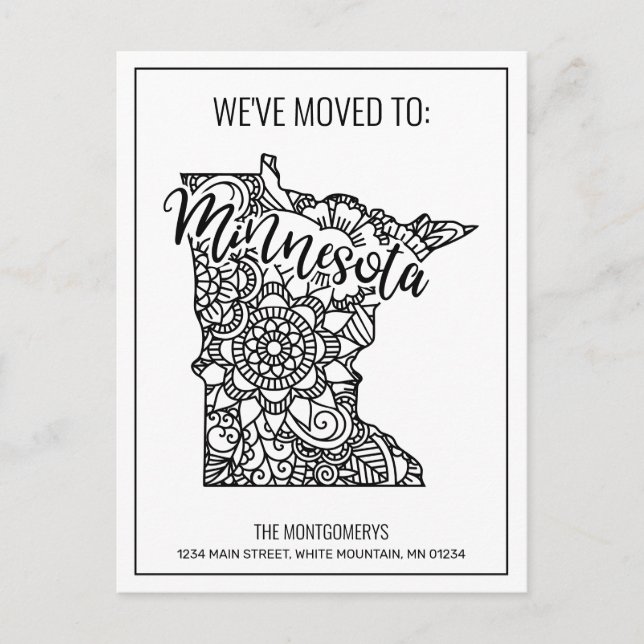 Carte Postale Faire-part Nous avons déménagé Floral Mandala Minnesota State (Devant)