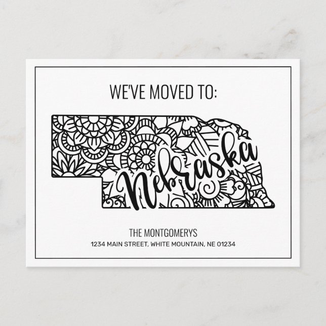 Carte Postale Faire-part Nous avons déménagé Floral Mandala Nebraska State (Devant)