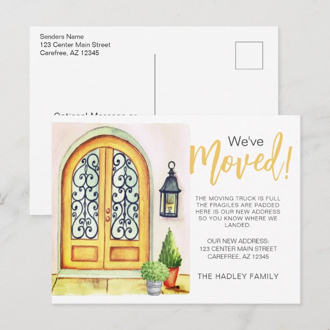 Carte Postale Faire-part Nous avons déménagé porte jaune (Devant / Derrière)