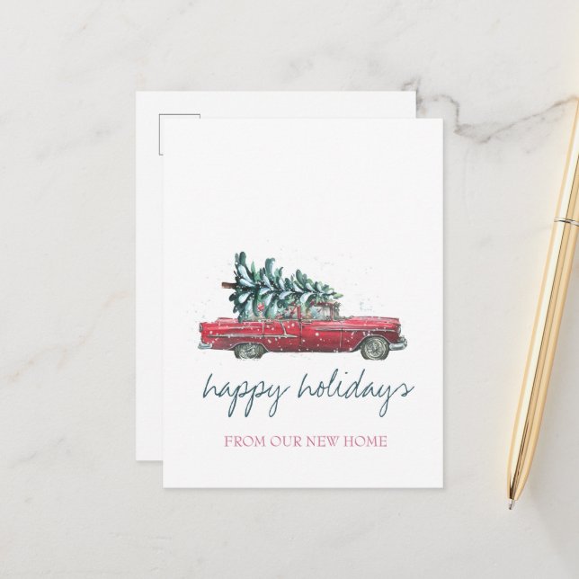 Carte Postale Faire-part Nous avons déménagé,Voiture Rétro,Arbre de Noël (Devant/Arrière en situation)