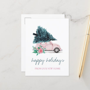Carte Postale Faire-part Nous Avons Déménagé, Voiture Rose, Arbre De Noël