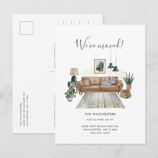 Carte Postale Faire-part Nous avons déplacé l'aquarelle moderne Moving (Devant / Derrière)