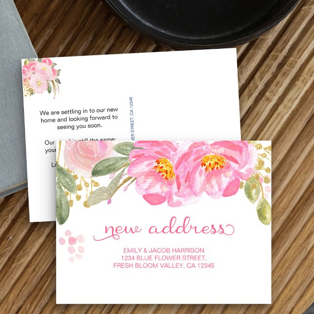 Carte Postale Faire-part Nous avons déplacé Pink Aquarelle Floral Nouvelle  (We've moved new address postcard with pink flowers)