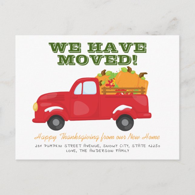 Carte Postale Faire-part Nous avons déplacé Thanksgiving Citrouille Truck M (Devant)