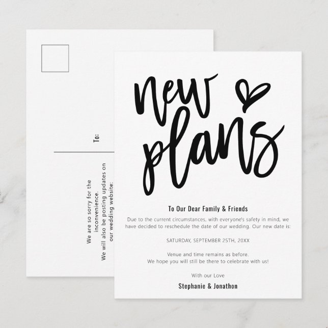 Carte Postale Faire-part Nouveaux plans de mariage, nouvelle date, écriture (Devant / Derrière)