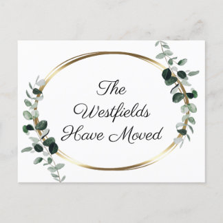 Carte Postale Faire-part Nouvelle adresse en métal doré Eucalyptus vert