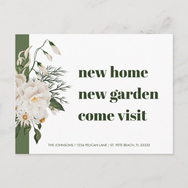 Carte Postale Faire-part Nouvelle Adresse Fleurs de Daisy Vert Blanc Déména (Devant)