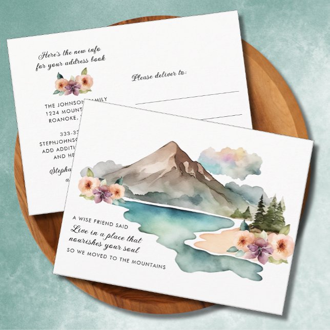 Carte Postale Faire-part Nouvelle Adresse Montagnes Aquarelle en Mouvement (New Address Watercolor Mountains Motivational Quote Floral Moving Announcement Postcard)