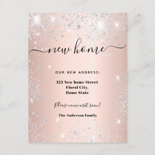 Carte Postale Faire-part Nouvelle adresse personnelle rose or argent paille