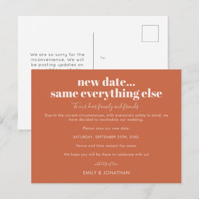 Carte Postale Faire-part Nouvelle date de mariage, tout le reste reste pare (Devant / Derrière)