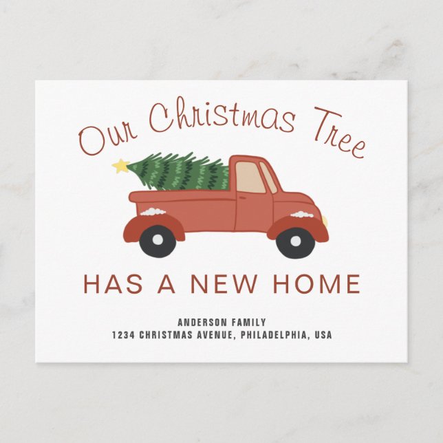 Carte Postale Faire-part Nouvelle maison Camion rouge Noël Arbre de Noël Dé (Devant)