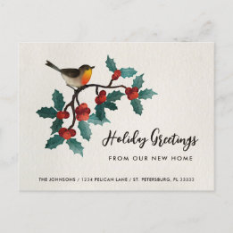 Carte Postale Faire-part Nouvelle Maison Joli Oiseau Baies de Noël Déménage