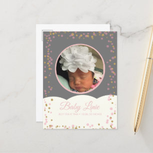 Carte Postale Faire-part Nuage Confettis Bordure Bébé Gris Rose