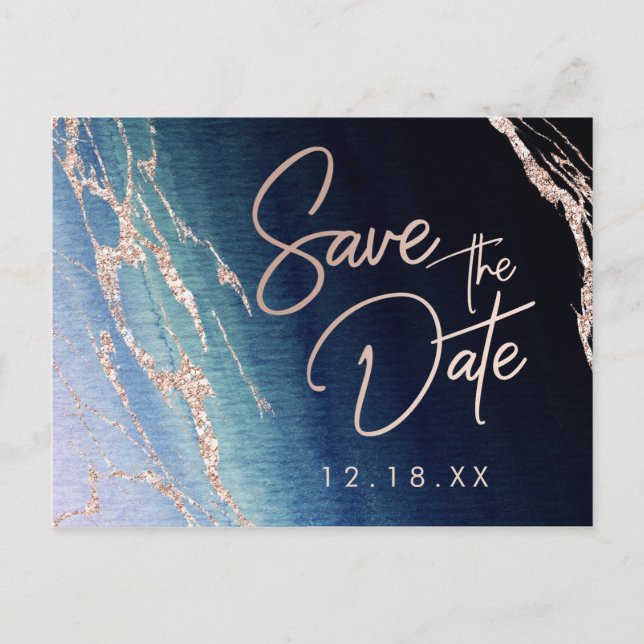 Carte Postale Faire-part Nuit Bleue Agate Rose Or Mariage Enregistrer la Da (Devant)
