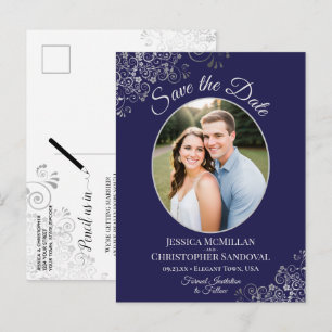 Carte Postale Faire-part Nuit de noces Bleu Nuit et Argent Enregistrer la D