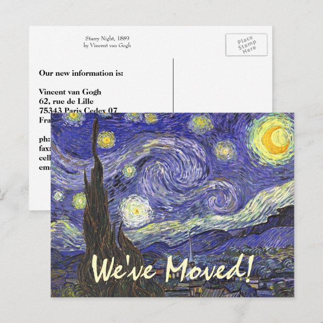Carte Postale Faire-part Nuit étoilée de Van Gogh, Changement d'adresse (Devant / Derrière)