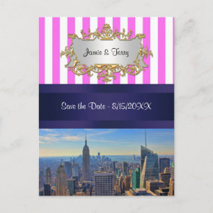 Carte Postale Faire-part NYC Skyline B2 Rose Blanc Rayure Date à Sauvegarde
