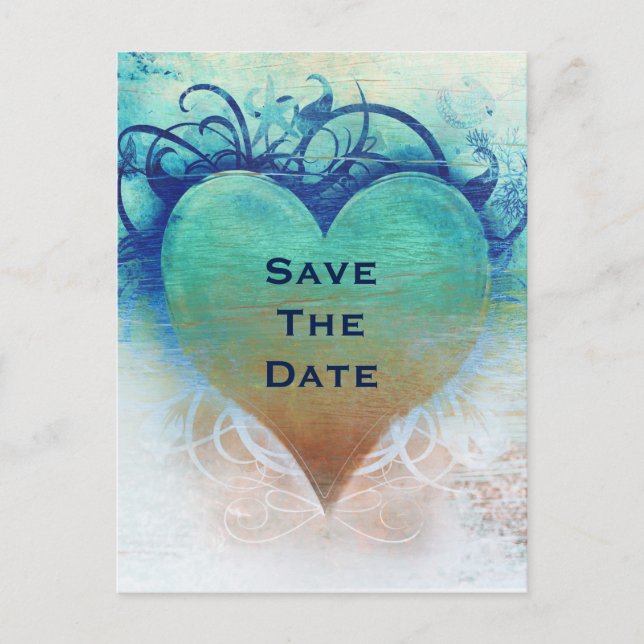 Carte Postale Faire-part Ocean Blue Heart Grunge Beach Tropical (Devant)