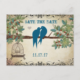 Carte Postale Faire-part Oiseaux d'amour en silhouette Cage à oiseau en for